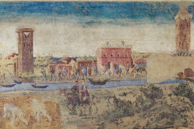 River, towers and country life, (detail), Hall of the Months, Lower section: Life scenes of Borso d