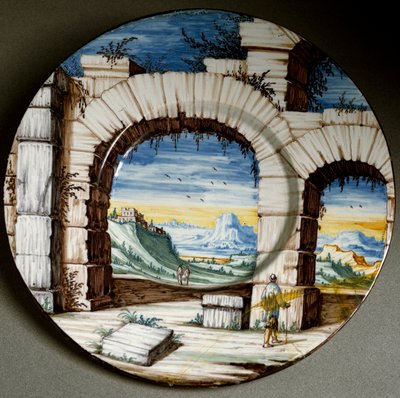 Ruin and landscape. Ceramic plate produced in Angarano, Italy. Circa 1650. National Museum of Bargello, Florence, Italy by Italian School