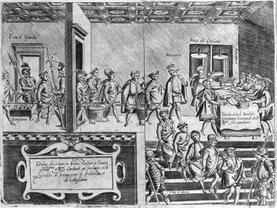 Service of the cardinals during a conclave. Engraving from 