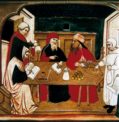 Signature for a transaction, a notary registers the act and a banker is counting the coins by Italian School