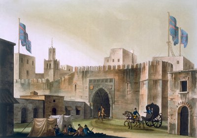 The Beb Kar, gate into Tunis, with Europeans in horse-drawn gig by Italian School
