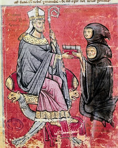 The monk Benedetto da Bari handing over his codex De Septem Sigillis to the abbot Balsamo (13th century) by Italian School