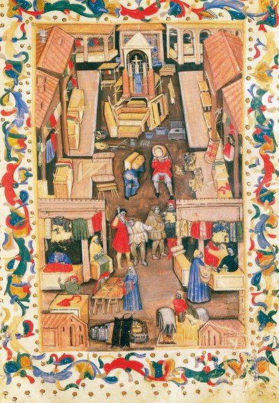 The walk of the square Ravegnana in Bologna with cloth merchant by Italian School