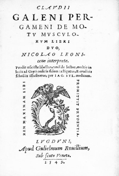 Titlepage to Claudii Galeni Pergameni De Motu Musculorum Libri Duo, a collection of works by Claudius Galen, published in 1549 by Italian School