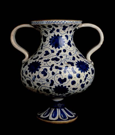 Two-handled polychrome lustre-ware baluster vase with blue and white decoration, Italian, made in Deruta, early 16th century by Italian School