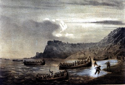 Unite of Italy: expedition of the Thousand or Red Shirts led by Giuseppe Garibaldi (1807-1882). The departure of the first fleet of Garibaldians towards Calabria at Fort Stella. Lithograph of the 19th century by Italian School