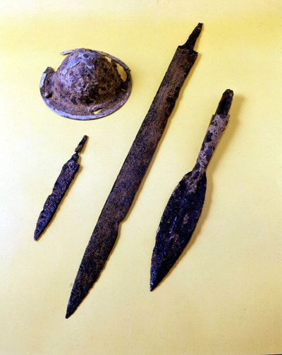 Weapons of a Lombard warrior: shield umbrella, dagger, sword and spear tip by Italian School