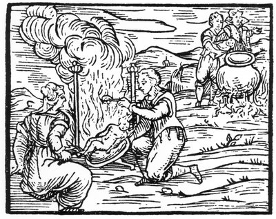 Witches roasting and boiling infants, copy of an illustration from Compendium Maleticarum by Fr M Guaccius, used in History of Magic by Italian School