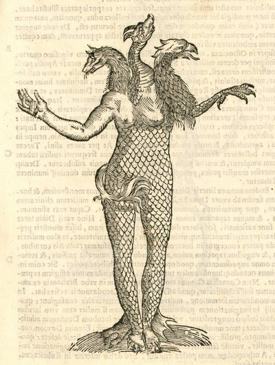 Illustration of Monstrum triceps capite Vulpis, Draconis, & Aquilae from Aldrovandi