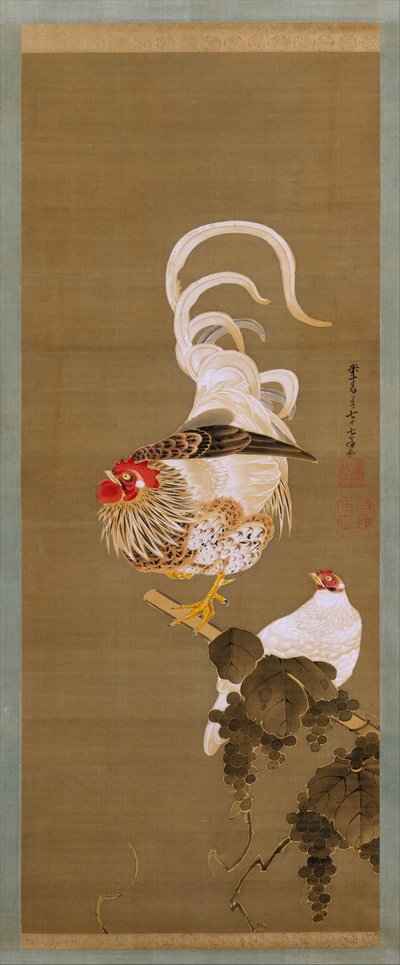 Hen and Rooster with Grapevine by Ito Jakuchu