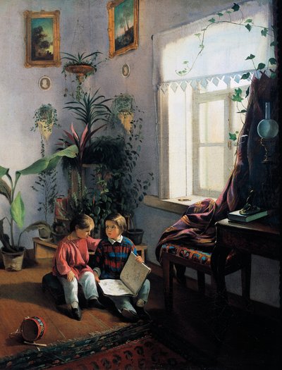 Children browsing picture book by Ivan Khrutsky
