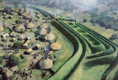Aerial view of entrance to Old Oswestry Hill Fort during the Iron Age, c1970-2010 by Ivan Lapper