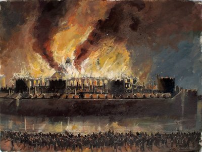 Reconstructed View of the Tower of London with the Grand Storehouse on Fire in 1841 by Ivan Lapper