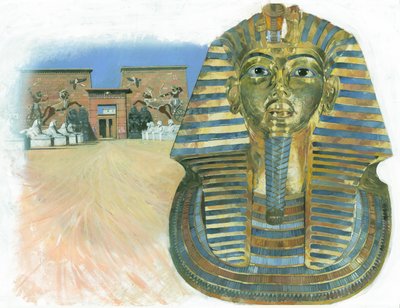 The Golden Mask of the Mummy of the Egyptian Pharaoh Tutankhamun with an Ancient Egyptian Temple Complex in the Background by Ivan Lapper