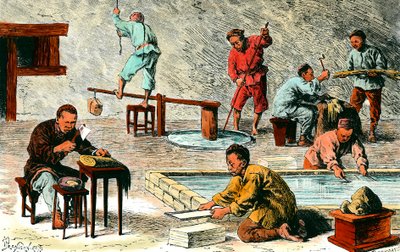 Paper making in China: different stages of production of paper sheets from the bark. Drawing by Ivan Pranishnikoff (19th century) by Ivan Pranishnikoff