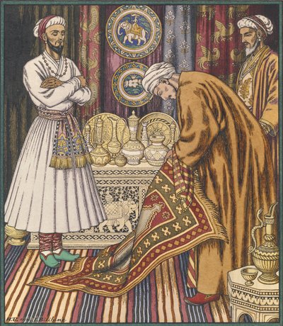 Prince Ali Buying a Carpet. Illustration for Arabian Fairy Tales by Ivan Yakovlevich Bilibin