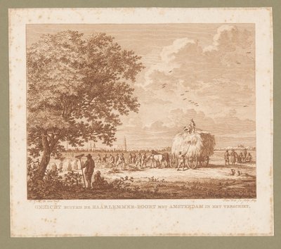 Landscape with Haymaking Farmers with Amsterdam on the Horizon by Izaak Jansz. de Wit