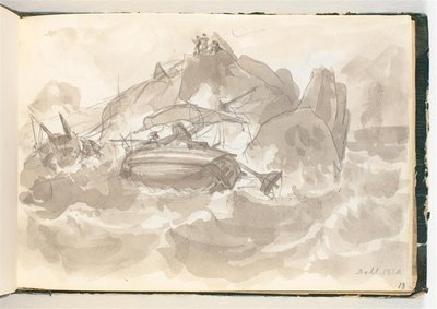 Shipwreck at a Rocky Coast. Some Men Stand on a Rock and Watch by Johan Christian Dahl