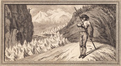 A man on a snowfield leaning on a long staff by J.F. Clemens