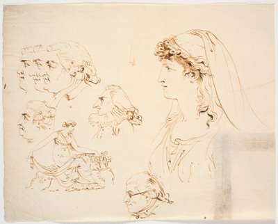 Six Male and One Female Profile Head and Woman in Classical Dress Picking Flowers by J.F. Clemens