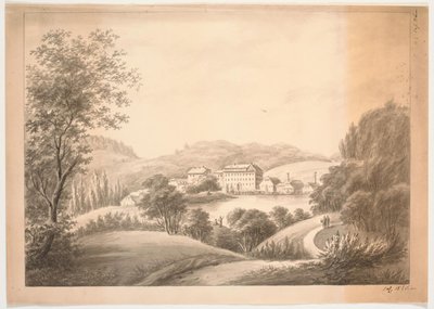 Several Adjacent Buildings, Including a Main Building and Smaller Houses with Chimneys, by a Stream or Lake, Surrounded by Trees and Hills by J.P. Møller