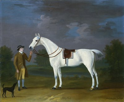 Tabby Runt, a Grey Hunter with His Owner and a Terrier in a River Landscape by J. Francis Sartorius