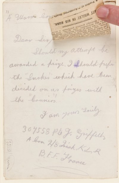 Letter to the Competition Editor of the Liverpool Weekly Courier, 1917 by J. Griffiths