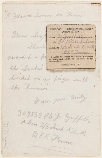 Letter to the Competition Editor of the Liverpool Weekly Courier, 1917 by J. Griffiths