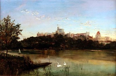 Figures in a Punt and Swans on the Thames with Windsor Castle in the Background by J. Lewis
