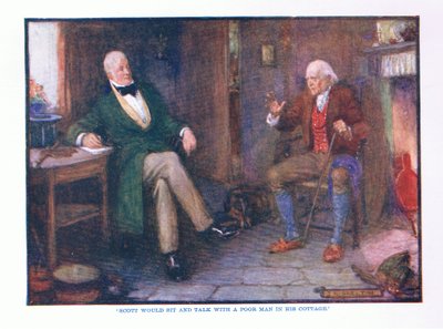 Scott would sit and talk with a poor man in his cottage, from English Literature published by T C & EC Jack, c.1920 by J. R. Skelton