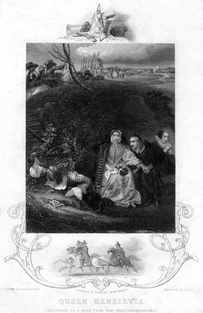 Queen Henrietta, sheltering by a bank from the Parliamentarians by J. Rogers
