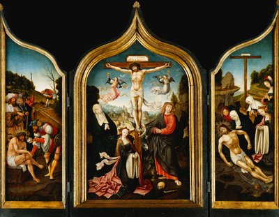 A Triptych: Christ on the Cross with the Virgin, the Magdalen, Saint John the Evangelist and Angels; on the Wings Christ Offered Vinegar Before the Crucifixion and the Lamentation, the Agony in the Garden and Ecce Homo by Jacob Cornelisz van Oostsanen