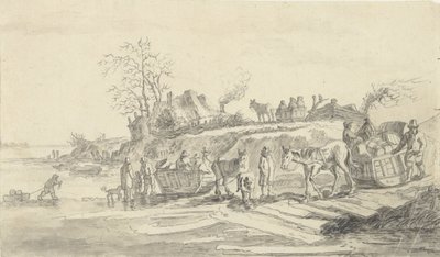 Sledding by the shore of a frozen river by Jacob Ernst Marcus
