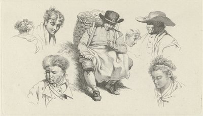 Study Sheet with Figures and a Resting Fishmonger with Pipe (Studie-prentwerk / Etudes gravées) by Jacob Ernst Marcus