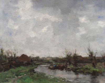 A River Landscape with Farm Houses, Late 1870s by Jacob Henricus or Hendricus Maris