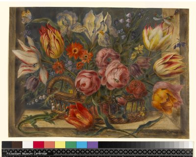 Flower study: assorted flowers in a basket, with insects and a lizard in a window setting, 1634 by Jacob Marrel