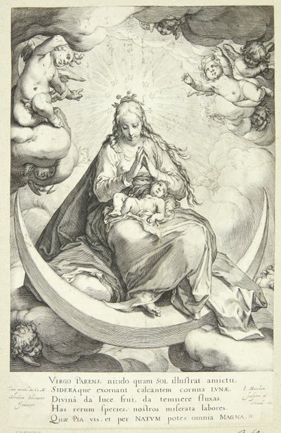 Virgin Mary with the Christ Child on the Crescent Moon, Surrounded by Angels by Jacob Matham