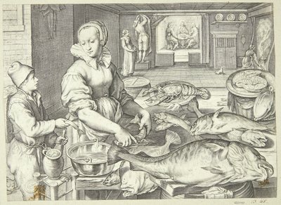 Kitchen Scene with a Cook Cleaning Fish by Jacob Matham