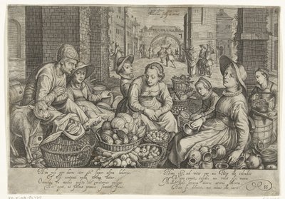 Market Scene with the Parable of the Workers in the Vineyard in the Background, ca. 1600 by Jacob Matham