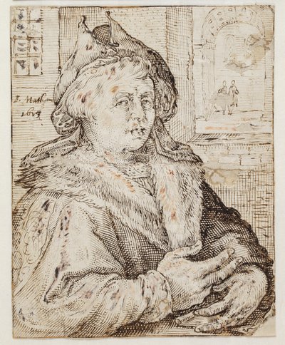 Portrait of a man with a cap and fur-trimmed cloak, facing right. Top right through a window opening view to other rooms by Jacob Matham