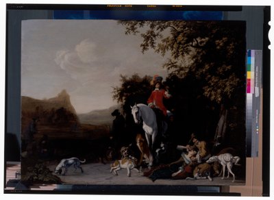 A hunting scene with resting figures by Jacob Lucasz Ochtervelt