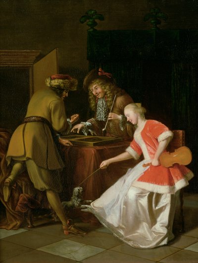 Tric-trac Players with a Lady and Her Dog by Jacob Lucasz Ochtervelt