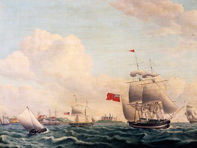 Ships Sailing through Oresund Strait between Sweden and Denmark with Kronborg Castle in Background by Jacob Petersen