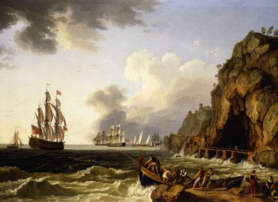 A View of the Coast near Naples with a British Royal Navy Three-Decker flying the Flag of a Vice Admiral of the Red by Jacob Philippe Hackert