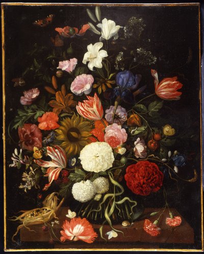 Poppies, tulips, roses, carnations, snowball, lilies, iris, a sunflower and other flowers in a glass vase with a corncob on a ledge by Jacob Rootius