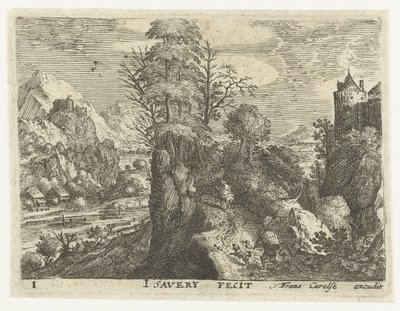 Landscape with Travelers on a Steep Rock (series title: Six Landscapes with Travelers) by Jacob Savery (I)