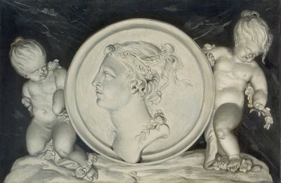 Flora in a painted roundel supported by putti floating on clouds by Jacob Xavery