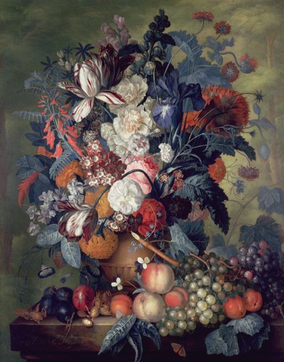 A Vase of Flowers with Fruit by Jacob van Huysum