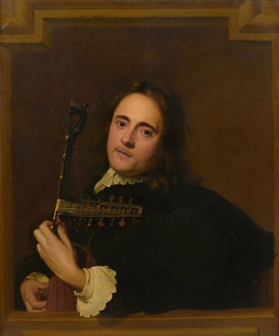 A Young Man at a Stone Window Playing a Theorbo-Lute by Jacob van Oost
