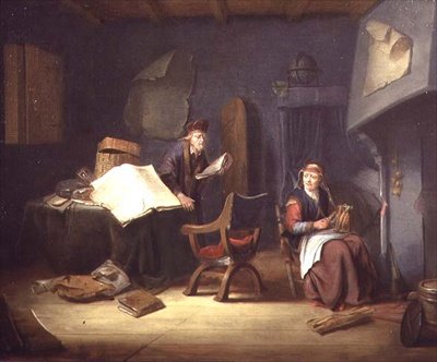 Interior with a Scholar and an Old Lady Spinning by Jacob van Spreeuwen